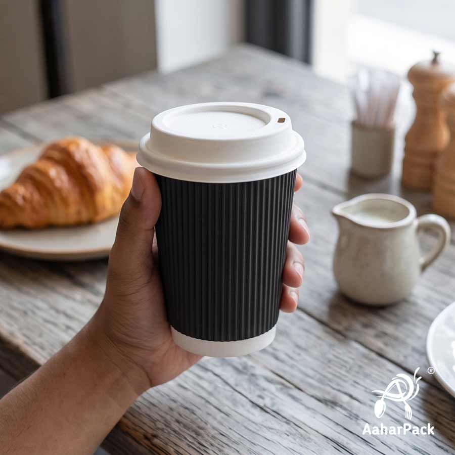 360 ML (12 oz) Black Ripple Wall Paper Cups with Bagasse Sipper Lids (Pack of 150) - 100% Plastic-Free Insulated Takeaway Cups