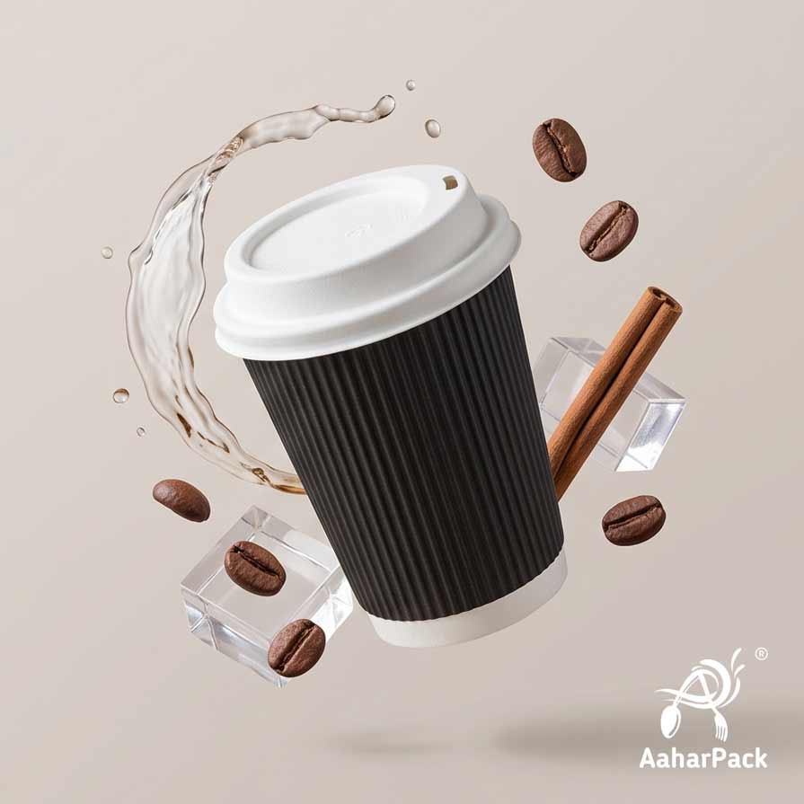 360 ML (12 oz) Black Ripple Wall Paper Cups with Bagasse Sipper Lids (Pack of 150) - 100% Plastic-Free Insulated Takeaway Cups
