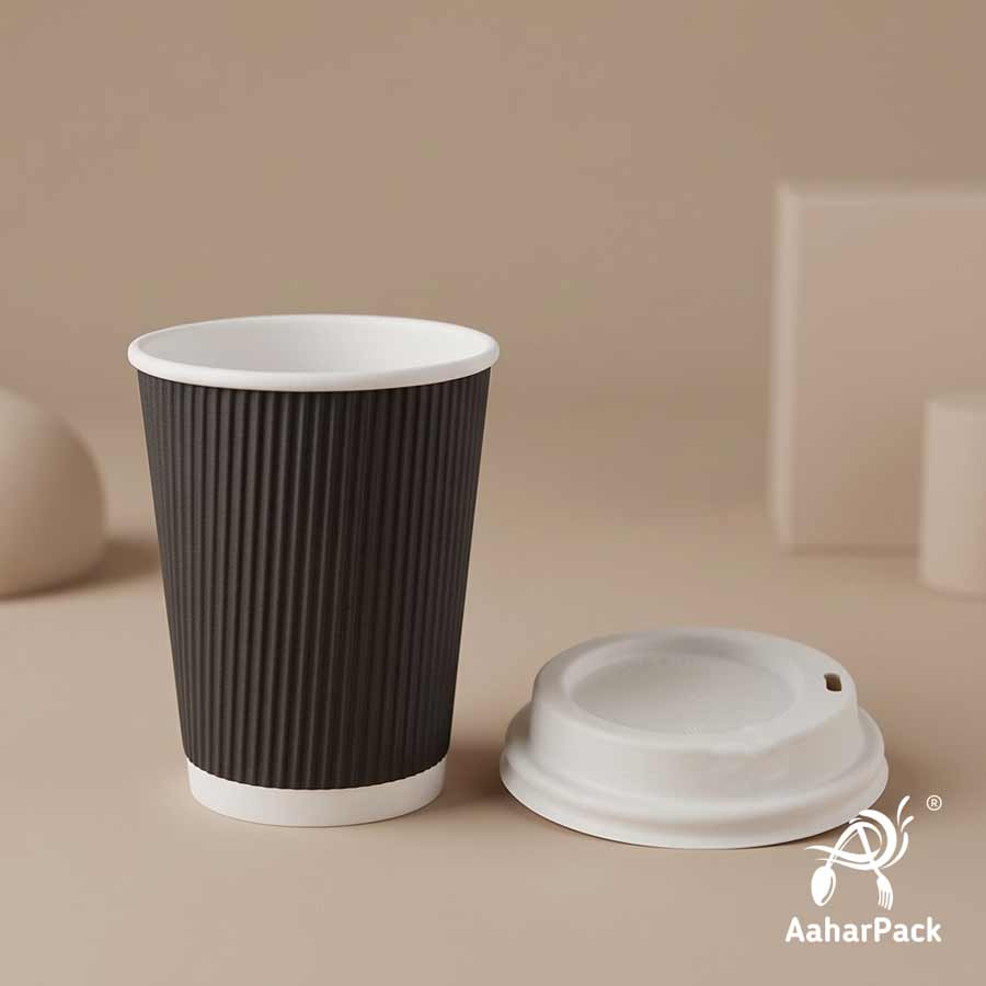 360 ML (12 oz) Black Ripple Wall Paper Cups with Bagasse Sipper Lids (Pack of 150) - 100% Plastic-Free Insulated Takeaway Cups