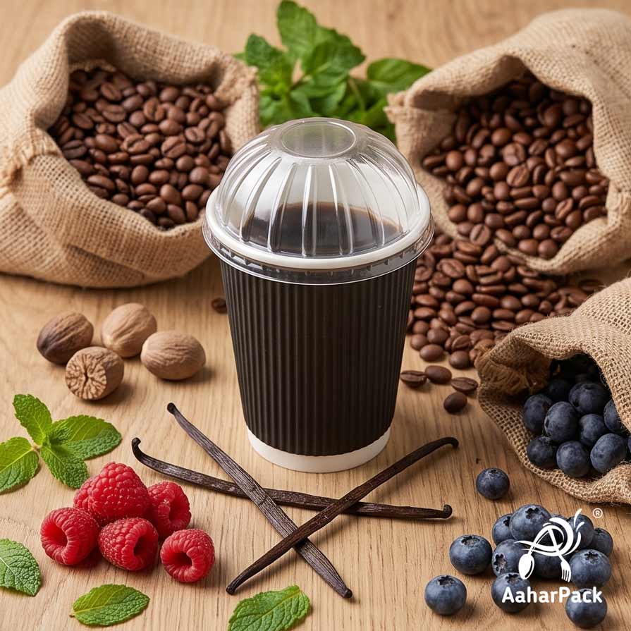 360 ML (12 oz) Black Ripple Wall Paper Cups With Dome Lids (Pack of 100) - Large Premium Insulated Takeaway Coffee Cups