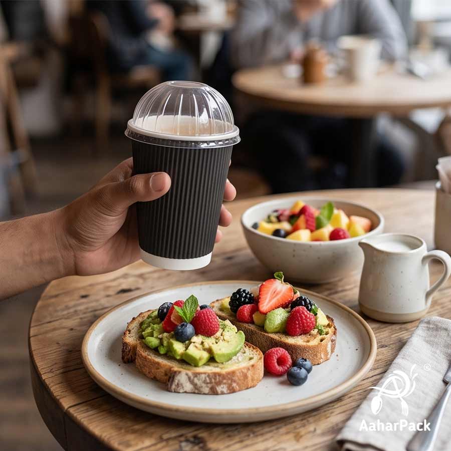 360 ML (12 oz) Black Ripple Wall Paper Cups With Dome Lids (Pack of 100) - Large Premium Insulated Takeaway Coffee Cups