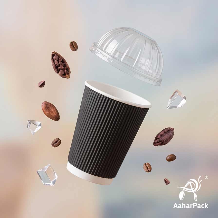 360 ML (12 oz) Black Ripple Wall Paper Cups With Dome Lids (Pack of 100) - Large Premium Insulated Takeaway Coffee Cups
