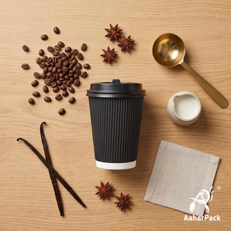360 ML (12 oz) Black Ripple Wall Paper Cups with Lockable Black Sipper Lids (Pack of 150) - Spill-Proof Insulated Takeaway Cups