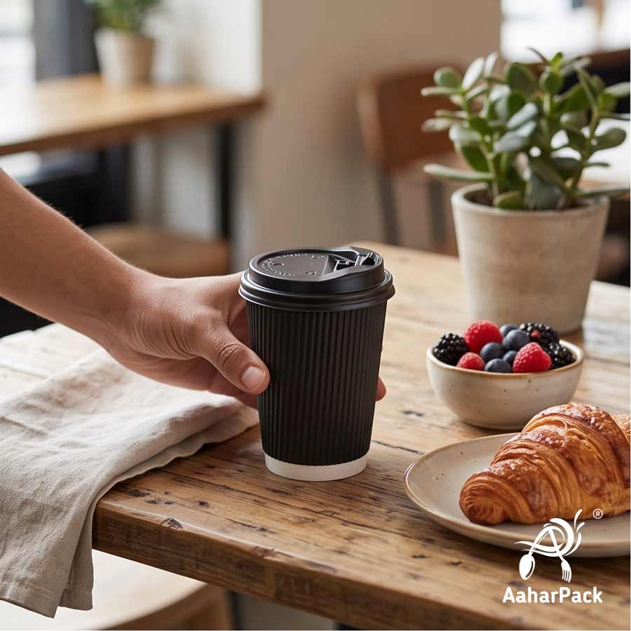 360 ML (12 oz) Black Ripple Wall Paper Cups with Lockable Black Sipper Lids (Pack of 150) - Spill-Proof Insulated Takeaway Cups