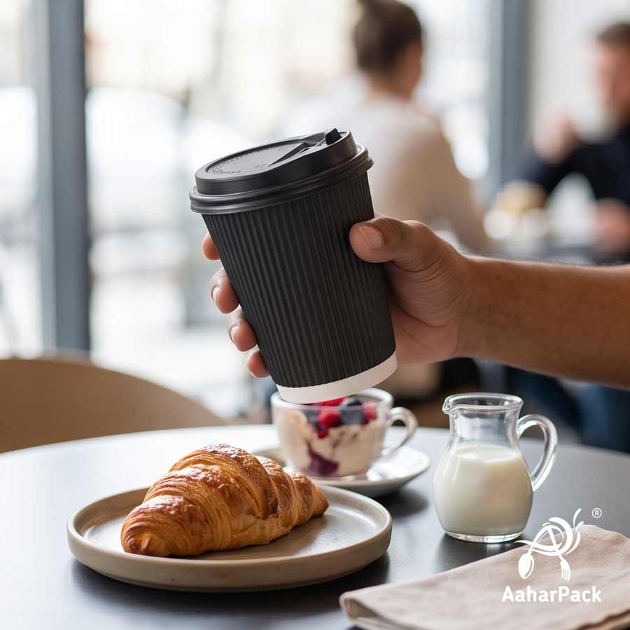 360 ML (12 oz) Black Ripple Wall Paper Cups with Lockable Black Sipper Lids (Pack of 150) - Spill-Proof Insulated Takeaway Cups