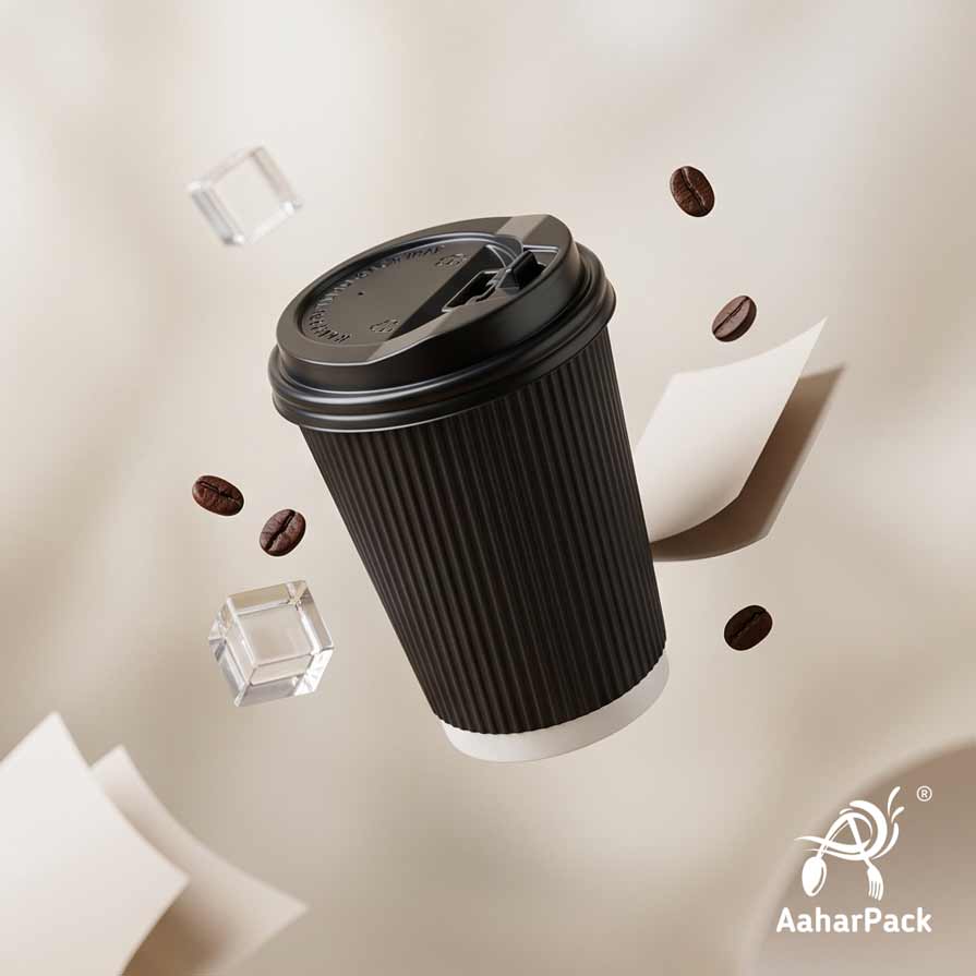 360 ML (12 oz) Black Ripple Wall Paper Cups with Lockable Black Sipper Lids (Pack of 150) - Spill-Proof Insulated Takeaway Cups