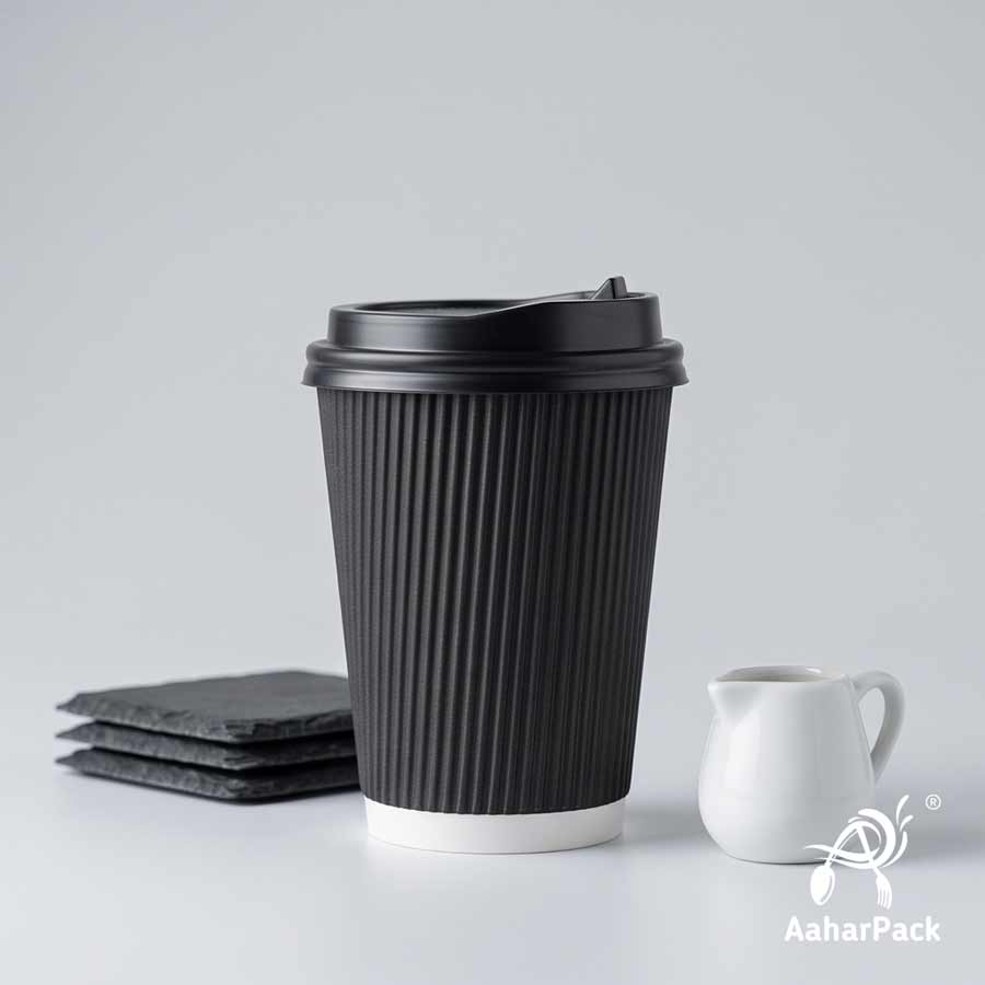 360 ML (12 oz) Black Ripple Wall Paper Cups with Lockable Black Sipper Lids (Pack of 150) - Spill-Proof Insulated Takeaway Cups