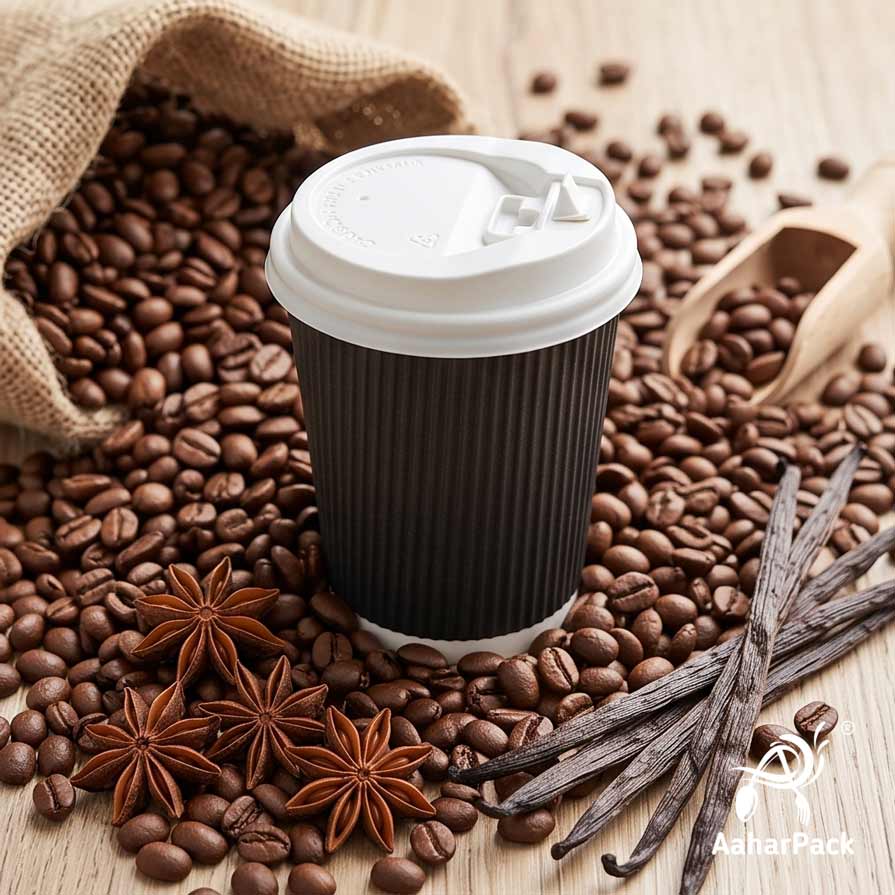 360 ML (12 oz) Black Ripple Wall Paper Cups with Lockable White Sipper Lids (Pack of 150) - Spill-Proof Insulated Takeaway Cups