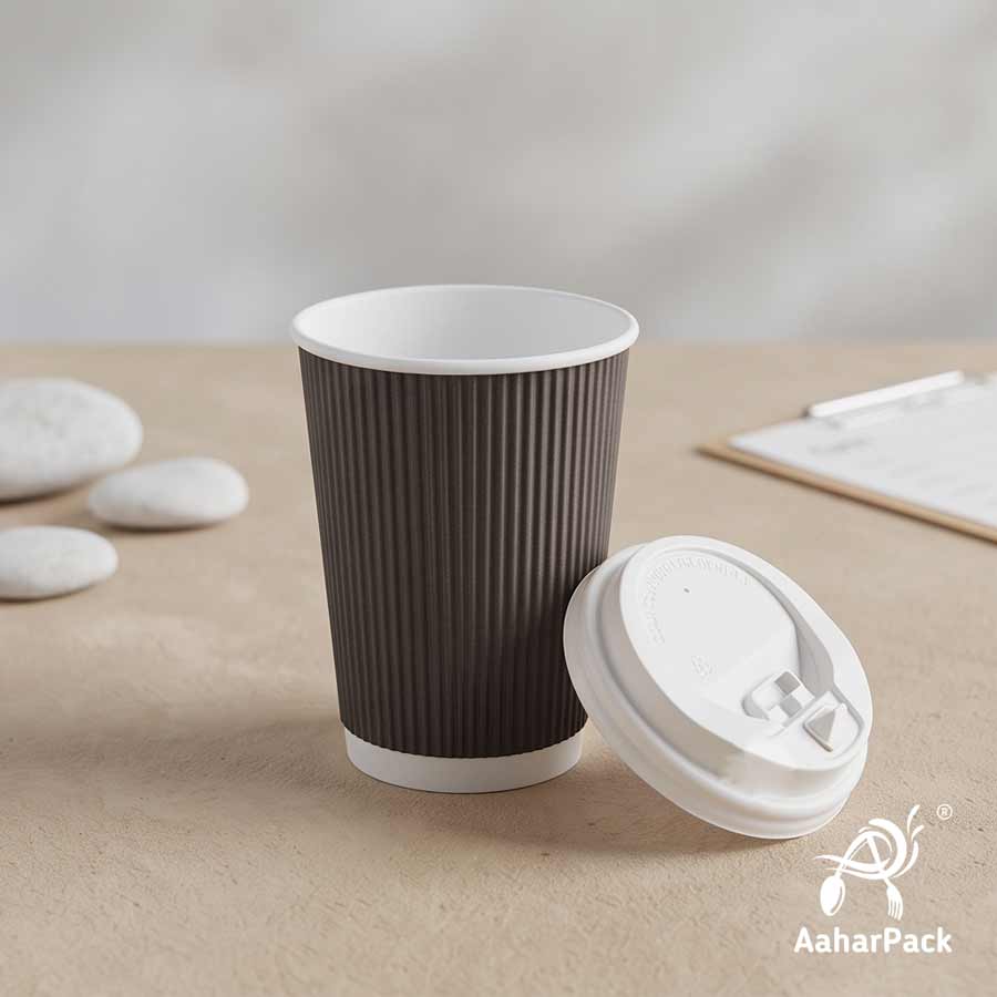 360 ML (12 oz) Black Ripple Wall Paper Cups with Lockable White Sipper Lids (Pack of 150) - Spill-Proof Insulated Takeaway Cups