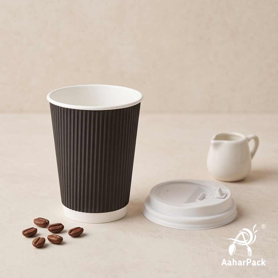 360 ML (12 oz) Black Ripple Wall Paper Cups with Lockable White Sipper Lids (Pack of 150) - Spill-Proof Insulated Takeaway Cups