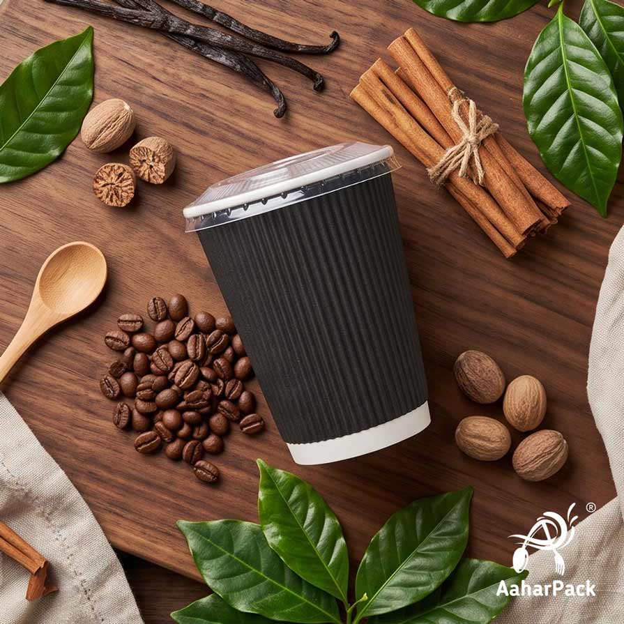 360 ML (12 oz) Black Ripple Wall Paper Cups With Flat Plastic Lids (Pack of 100) - Large Premium Insulated Takeaway Coffee Cups