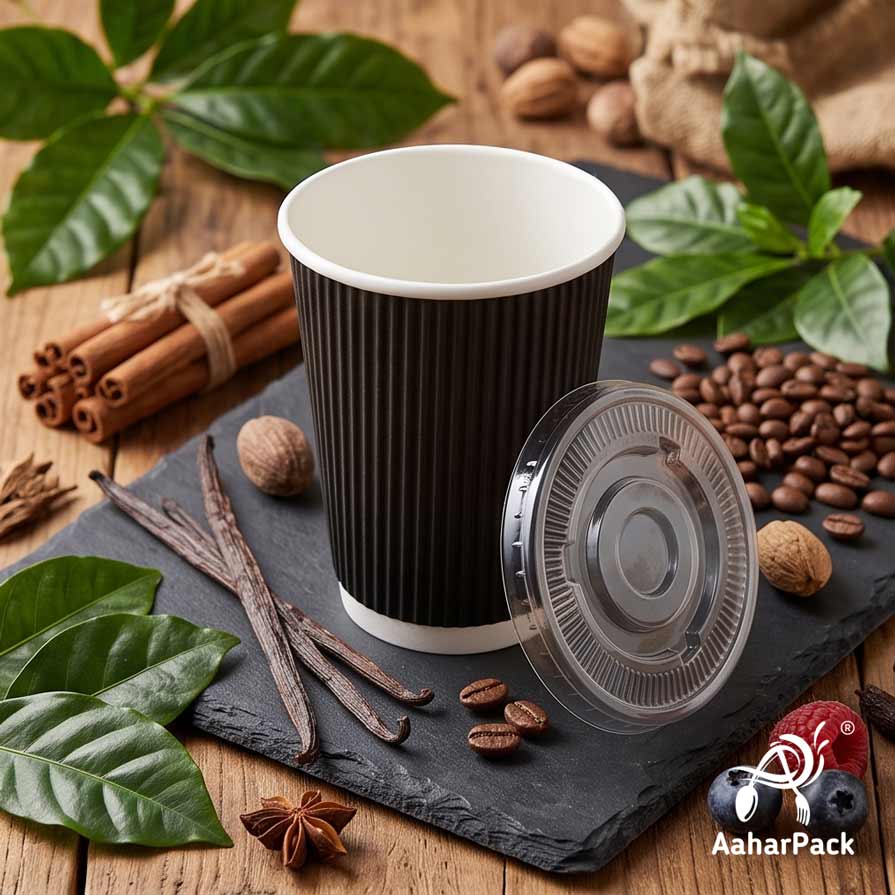 360 ML (12 oz) Black Ripple Wall Paper Cups With Flat Plastic Lids (Pack of 100) - Large Premium Insulated Takeaway Coffee Cups
