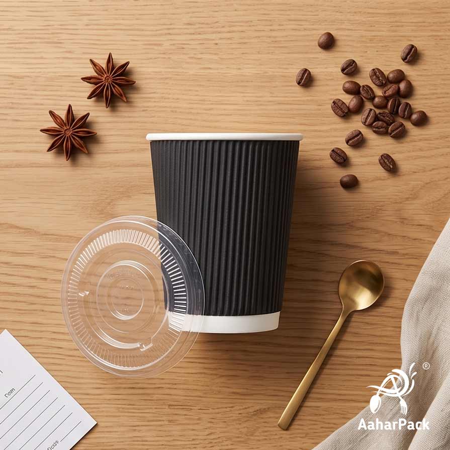 360 ML (12 oz) Black Ripple Wall Paper Cups With Flat Plastic Lids (Pack of 100) - Large Premium Insulated Takeaway Coffee Cups