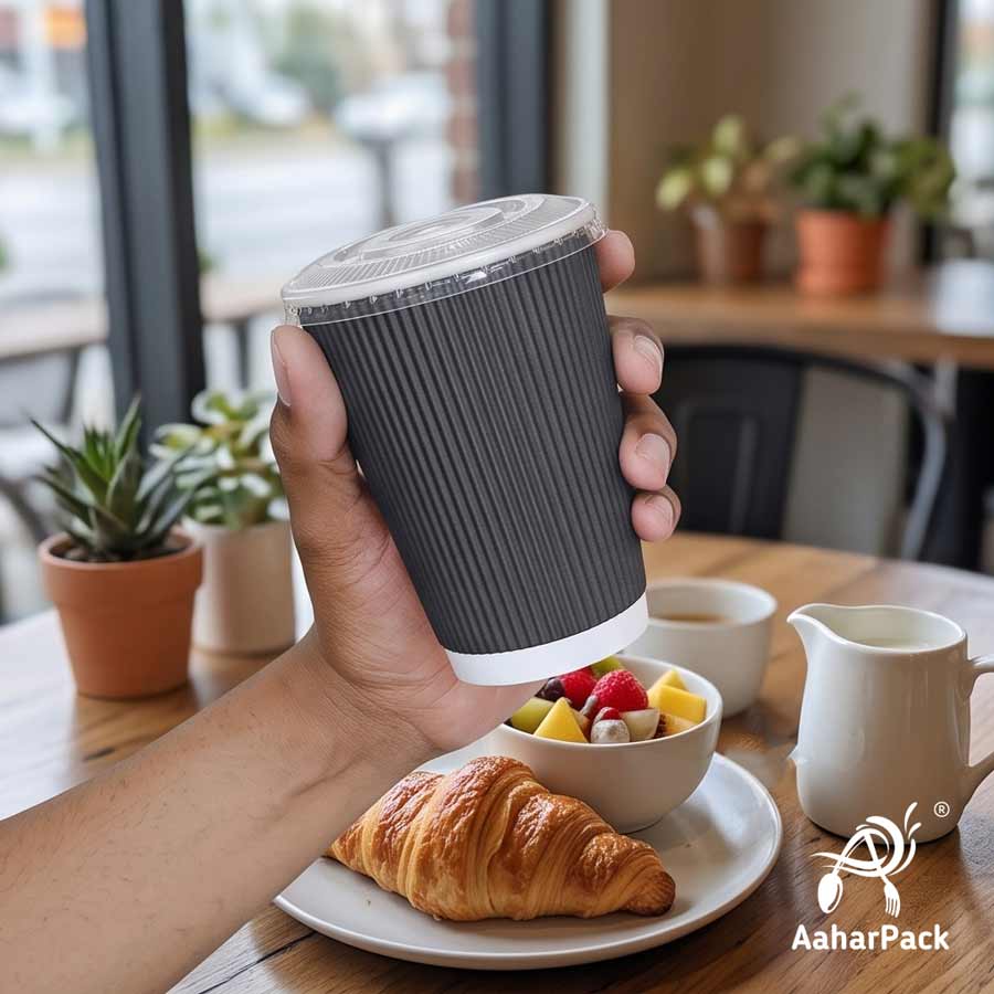 360 ML (12 oz) Black Ripple Wall Paper Cups With Flat Plastic Lids (Pack of 100) - Large Premium Insulated Takeaway Coffee Cups