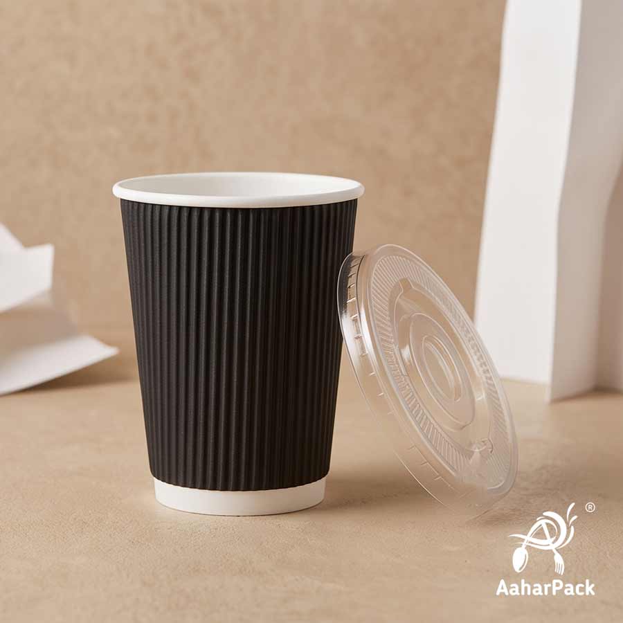 360 ML (12 oz) Black Ripple Wall Paper Cups With Flat Plastic Lids (Pack of 100) - Large Premium Insulated Takeaway Coffee Cups