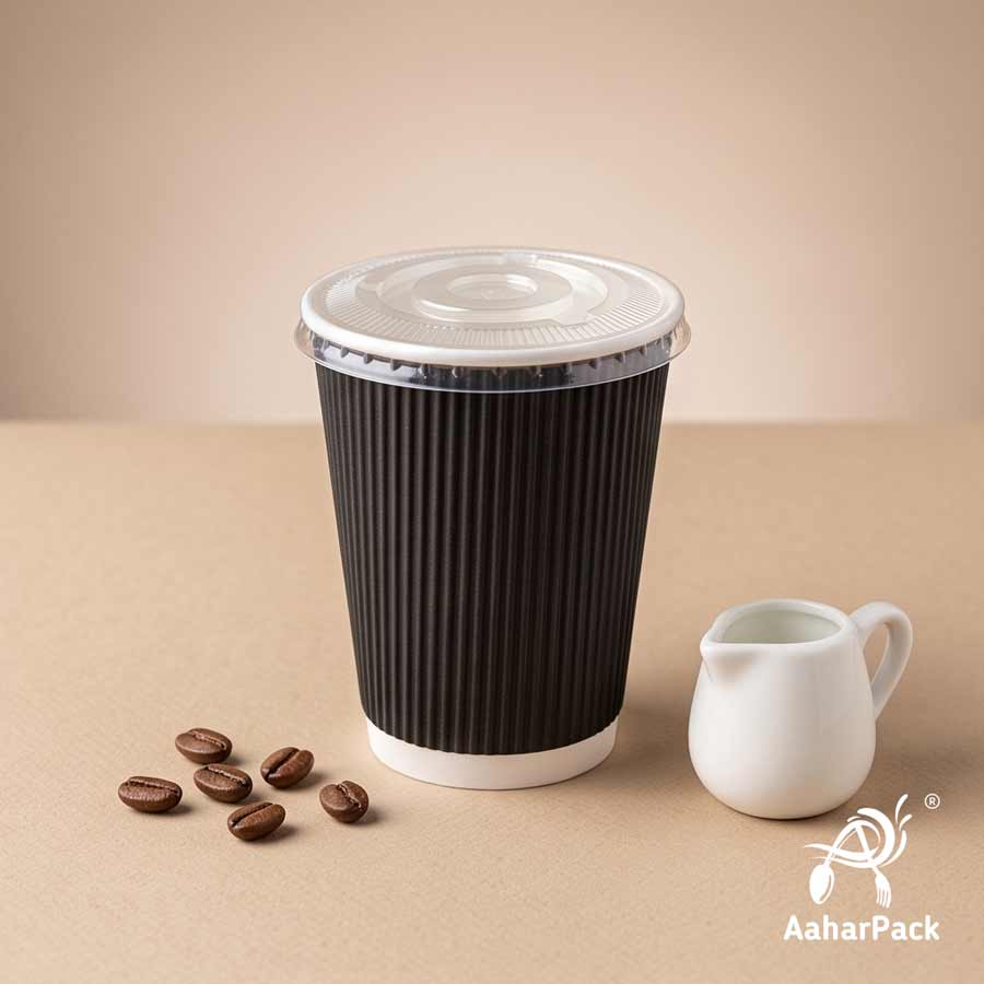 360 ML (12 oz) Black Ripple Wall Paper Cups With Flat Plastic Lids (Pack of 100) - Large Premium Insulated Takeaway Coffee Cups