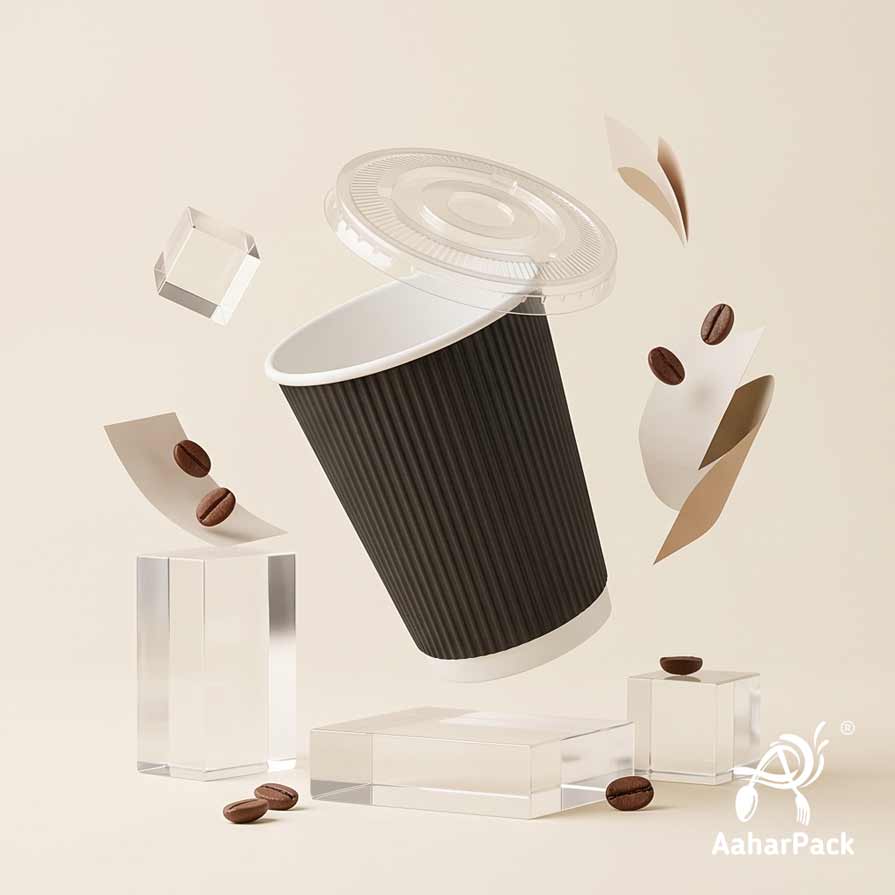 360 ML (12 oz) Black Ripple Wall Paper Cups With Flat Plastic Lids (Pack of 100) - Large Premium Insulated Takeaway Coffee Cups