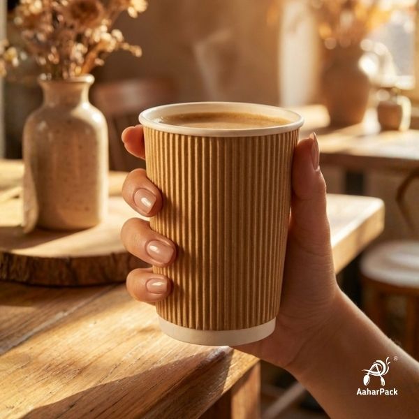 250 ML (8 oz) Kraft Ripple Wall Paper Cups Without Lid (Pack of 225) - Insulated Coffee & Beverage Cups