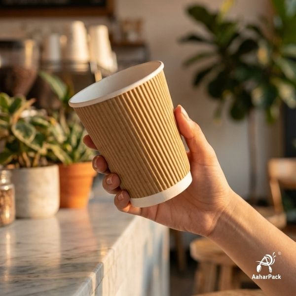 250 ML (8 oz) Kraft Ripple Wall Paper Cups Without Lid (Pack of 225) - Insulated Coffee & Beverage Cups