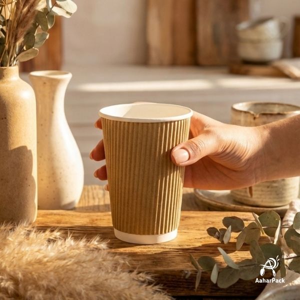 250 ML (8 oz) Kraft Ripple Wall Paper Cups Without Lid (Pack of 225) - Insulated Coffee & Beverage Cups