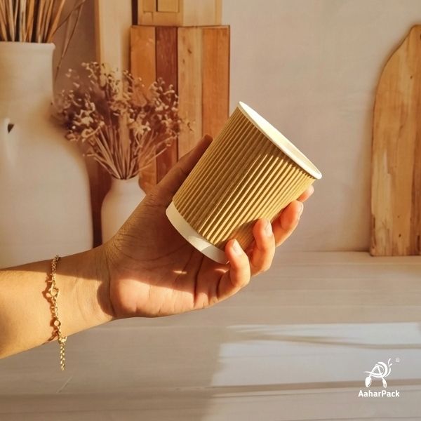 250 ML (8 oz) Kraft Ripple Wall Paper Cups Without Lid (Pack of 225) - Insulated Coffee & Beverage Cups