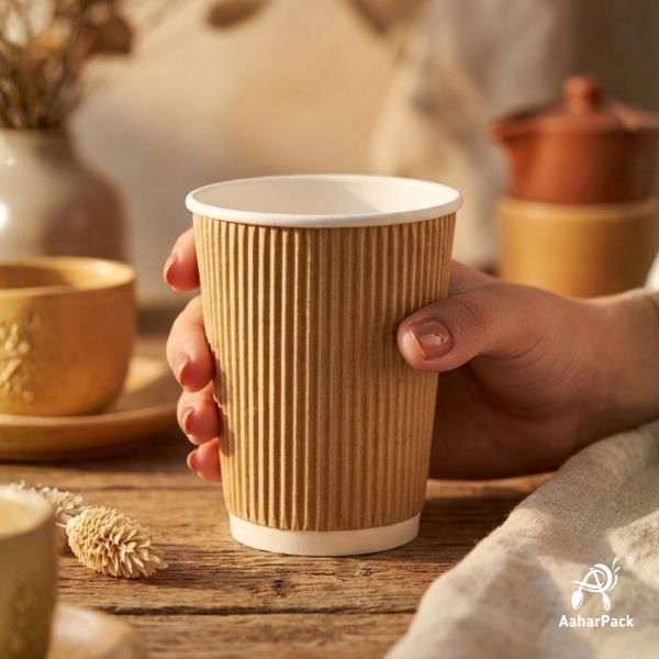 300 ML (10 oz) Kraft Ripple Wall Paper Cups Without Lid (Pack of 500) - Medium Bulk Insulated Coffee Cups