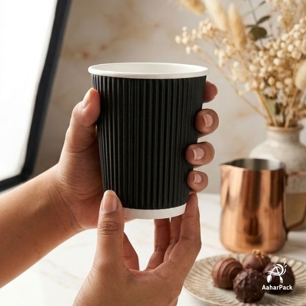 210 ML (7 oz) Black Ripple Wall Paper Cups Without Lid (Pack of 250) - Insulated Coffee & Beverage Cups