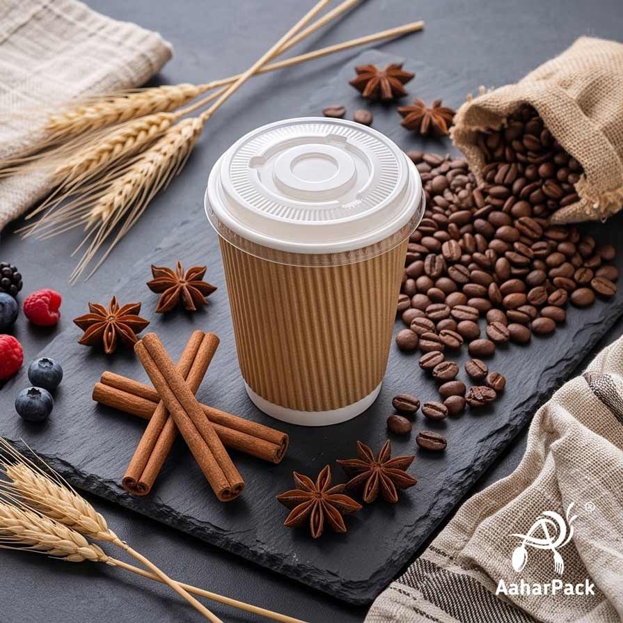 300 ML (10 oz) Kraft Ripple Wall Paper Cups With Flat Plastic Lids (Pack of 100) - Premium Insulated Eco-Friendly Coffee Cups