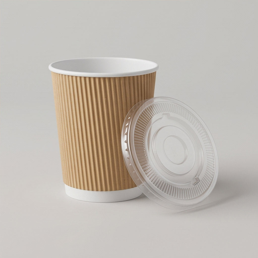 300 ML (10 oz) Kraft Ripple Wall Paper Cups With Flat Plastic Lids (Pack of 100) - Premium Insulated Eco-Friendly Coffee Cups
