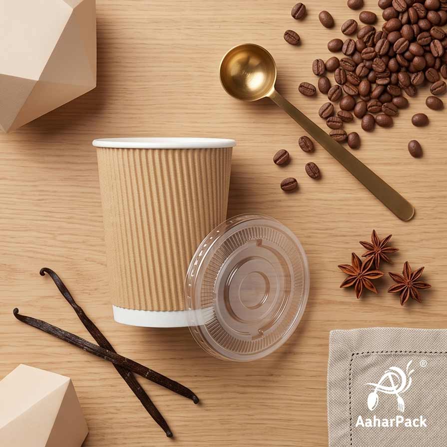 300 ML (10 oz) Kraft Ripple Wall Paper Cups With Flat Plastic Lids (Pack of 100) - Premium Insulated Eco-Friendly Coffee Cups