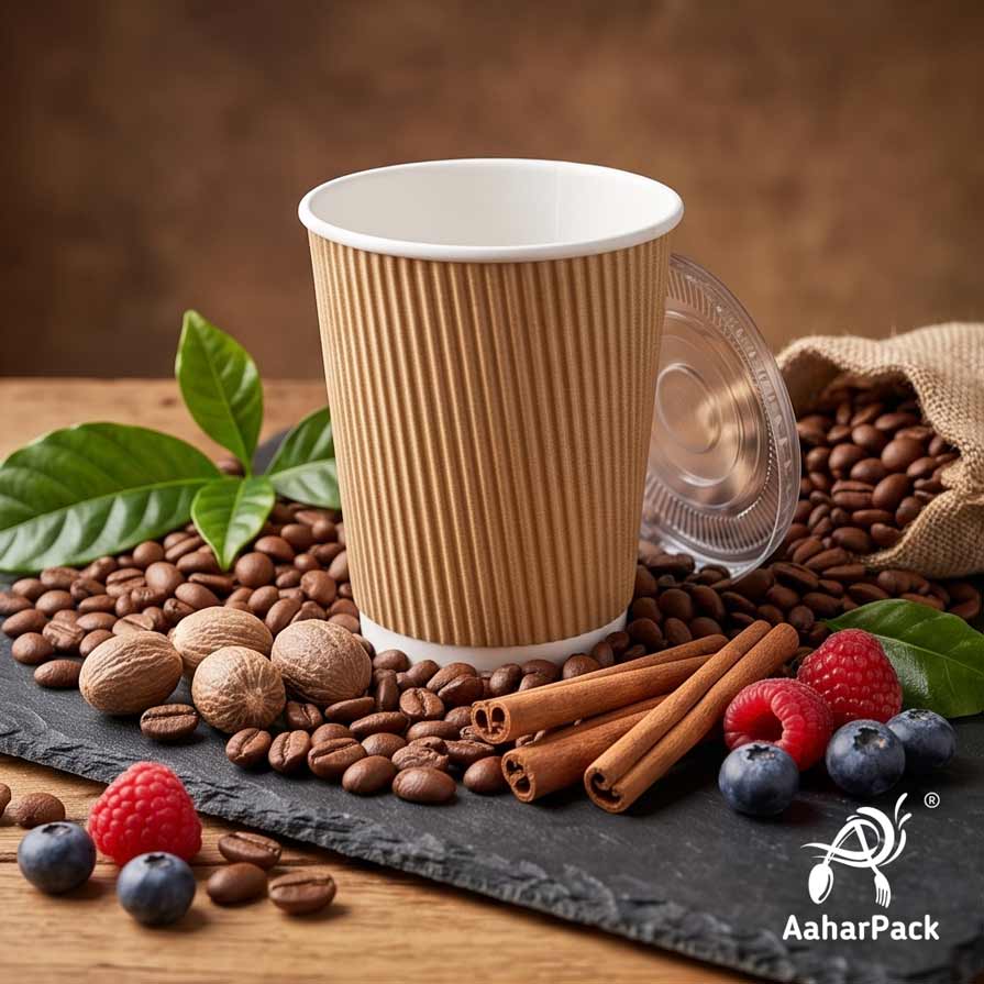 300 ML (10 oz) Kraft Ripple Wall Paper Cups With Flat Plastic Lids (Pack of 100) - Premium Insulated Eco-Friendly Coffee Cups