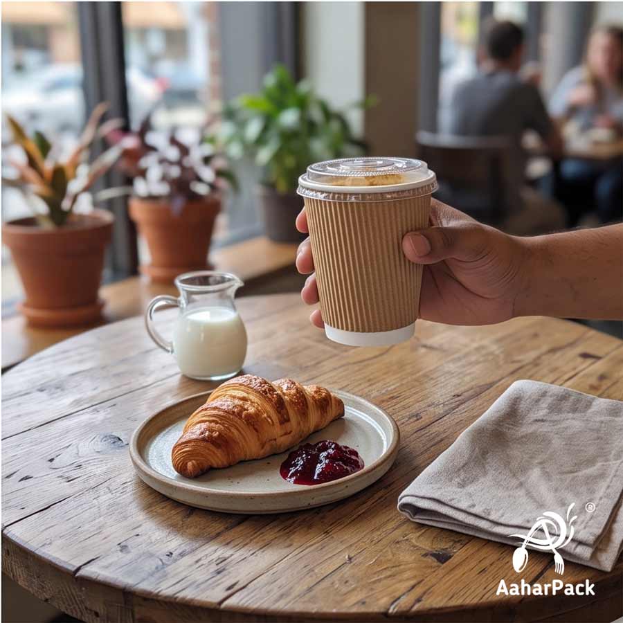 300 ML (10 oz) Kraft Ripple Wall Paper Cups With Flat Plastic Lids (Pack of 100) - Premium Insulated Eco-Friendly Coffee Cups