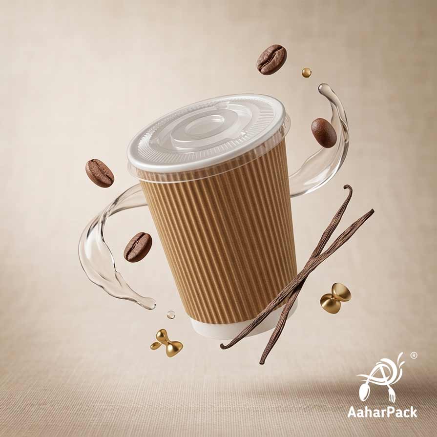300 ML (10 oz) Kraft Ripple Wall Paper Cups With Flat Plastic Lids (Pack of 100) - Premium Insulated Eco-Friendly Coffee Cups
