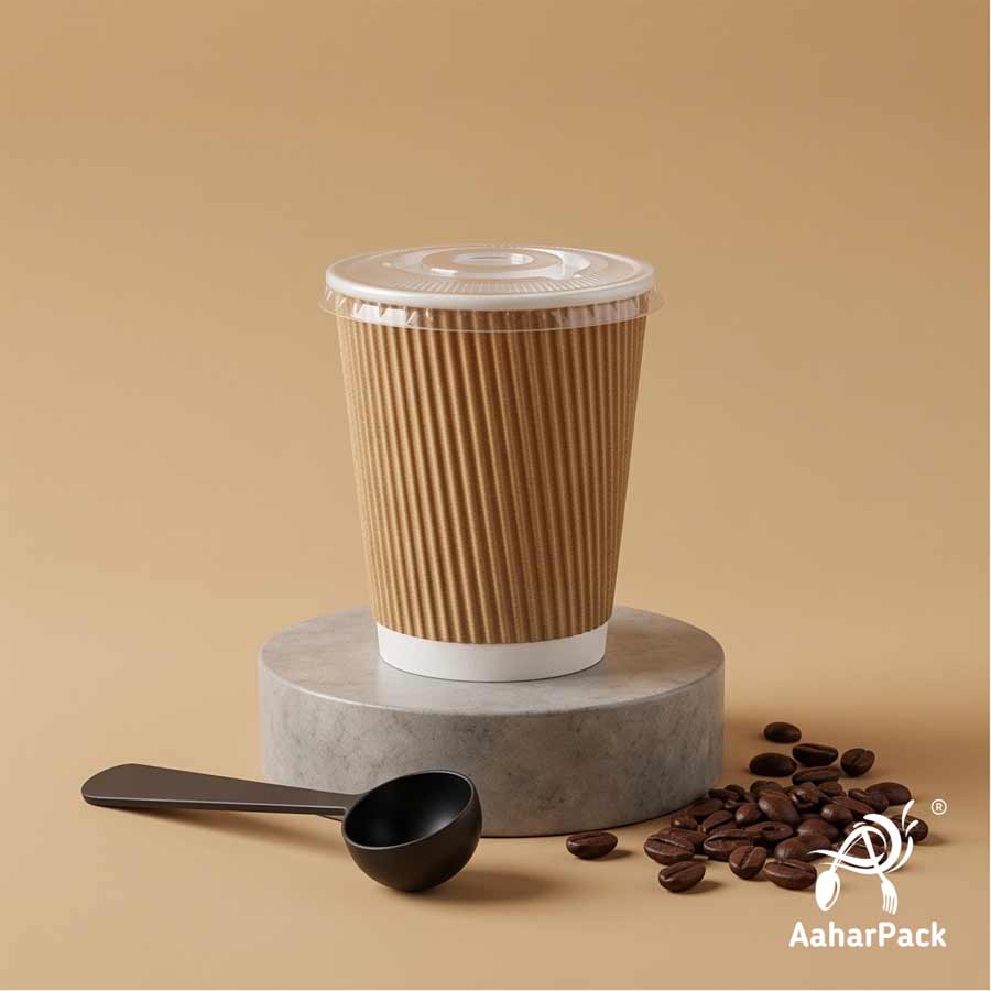 300 ML (10 oz) Kraft Ripple Wall Paper Cups With Flat Plastic Lids (Pack of 100) - Premium Insulated Eco-Friendly Coffee Cups