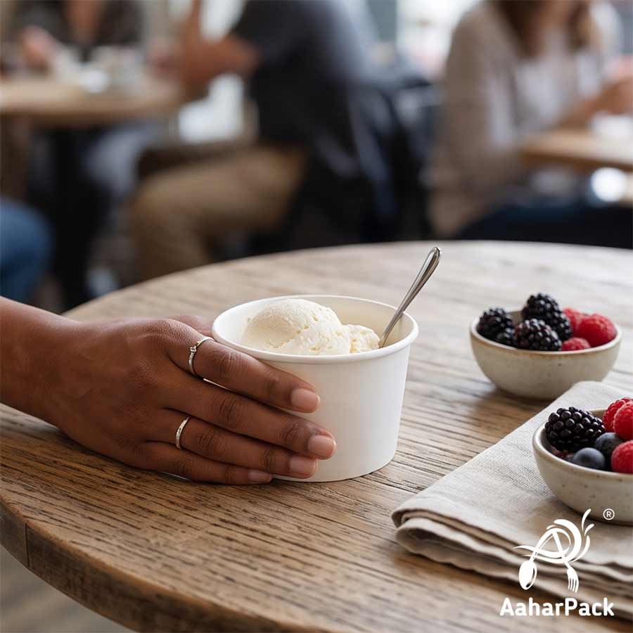 130 ML White Ice Cream Cups With Flat PET Lids (Pack of 300) - Takeaway Paper Dessert Bowls
