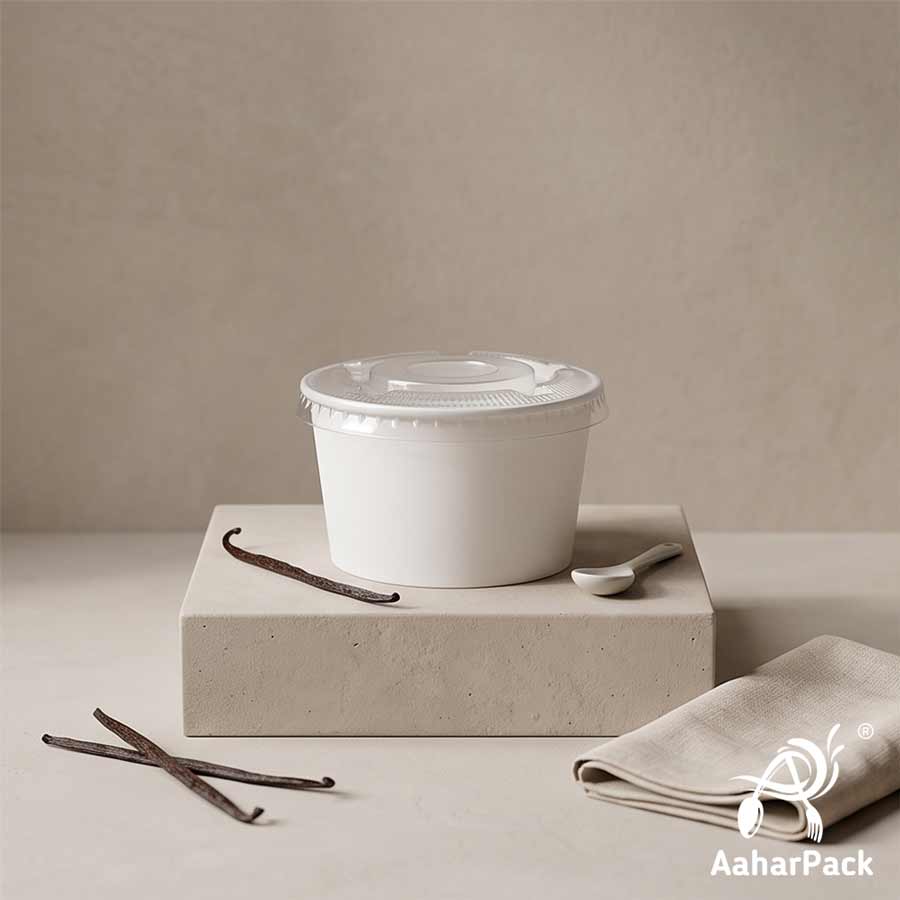 130 ML White Ice Cream Cups With Flat PET Lids (Pack of 300) - Takeaway Paper Dessert Bowls