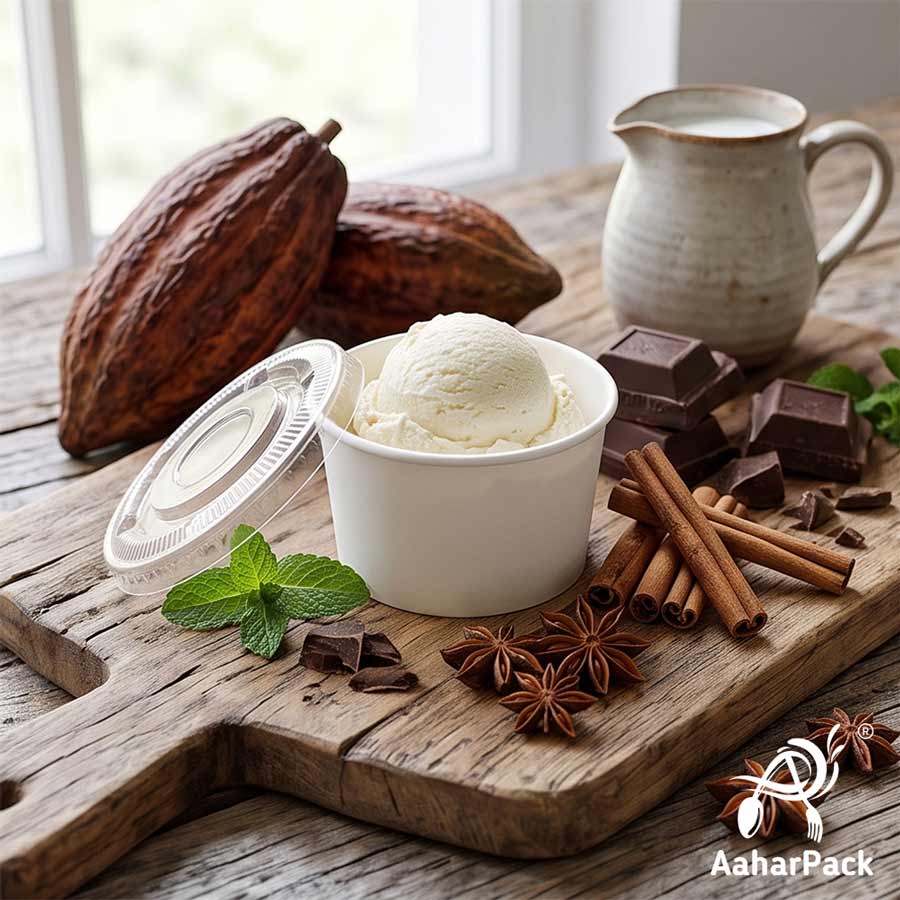 130 ML White Ice Cream Cups With Flat PET Lids (Pack of 300) - Takeaway Paper Dessert Bowls