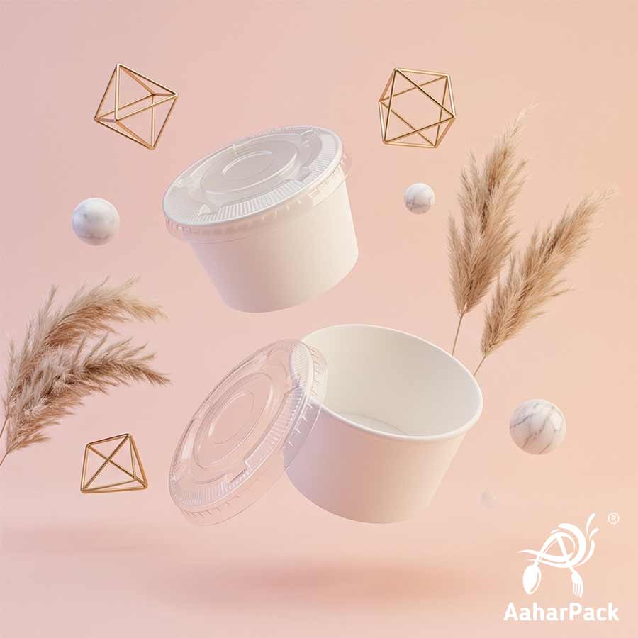 130 ML White Ice Cream Cups With Flat PET Lids (Pack of 300) - Takeaway Paper Dessert Bowls