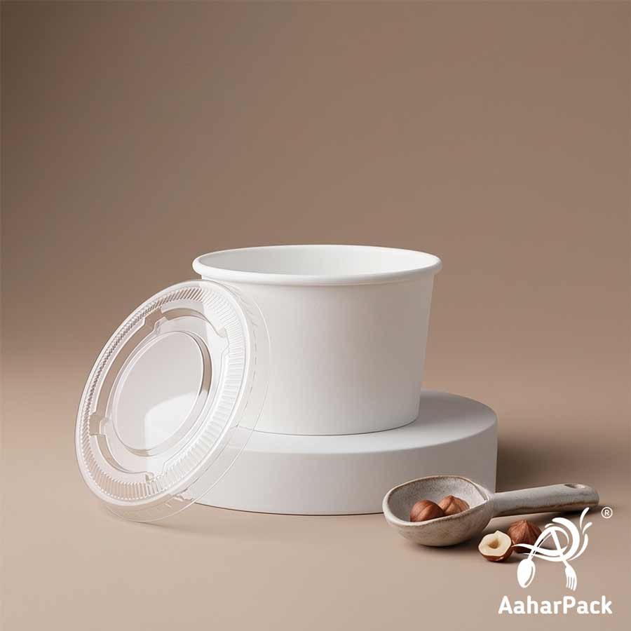 130 ML White Ice Cream Cups With Flat PET Lids (Pack of 300) - Takeaway Paper Dessert Bowls
