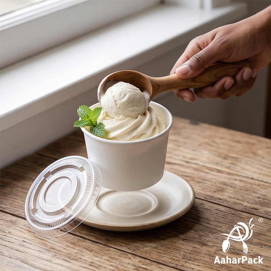 130 ML White Ice Cream Cups With Flat PET Lids (Pack of 300) - Takeaway Paper Dessert Bowls