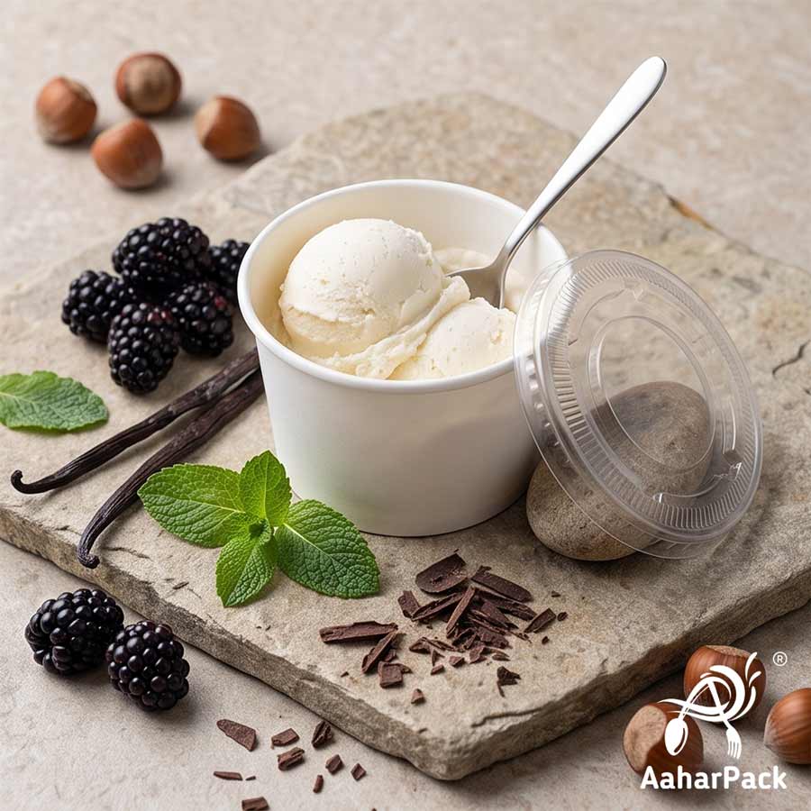 130 ML White Ice Cream Cups With Flat PET Lids (Pack of 300) - Takeaway Paper Dessert Bowls