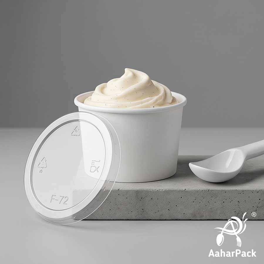 100 ML White Ice Cream Cups With Flat PET Lids (Pack of 350) - Takeaway Paper Dessert Bowls for Single Scoops