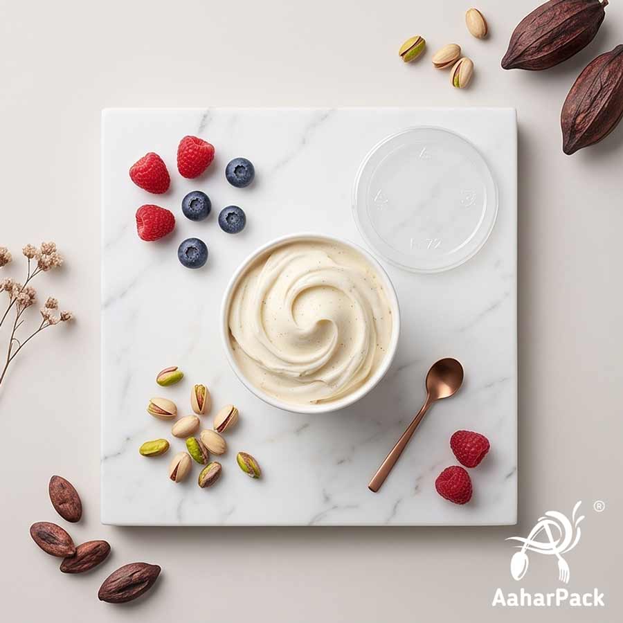 100 ML White Ice Cream Cups With Flat PET Lids (Pack of 350) - Takeaway Paper Dessert Bowls for Single Scoops