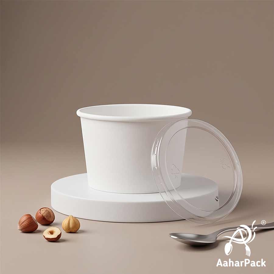 100 ML White Ice Cream Cups With Flat PET Lids (Pack of 350) - Takeaway Paper Dessert Bowls for Single Scoops